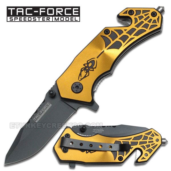 '' Mini Spider '' Rescue Style Spring Assist Knife 3.5'' GOLD