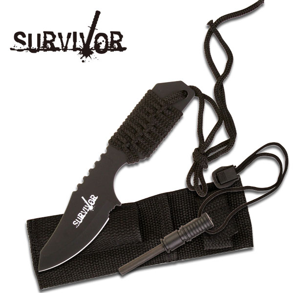 Black Full Tang SURVIVAL Fire Starter Hunting Camping KNIFE w/ Fl