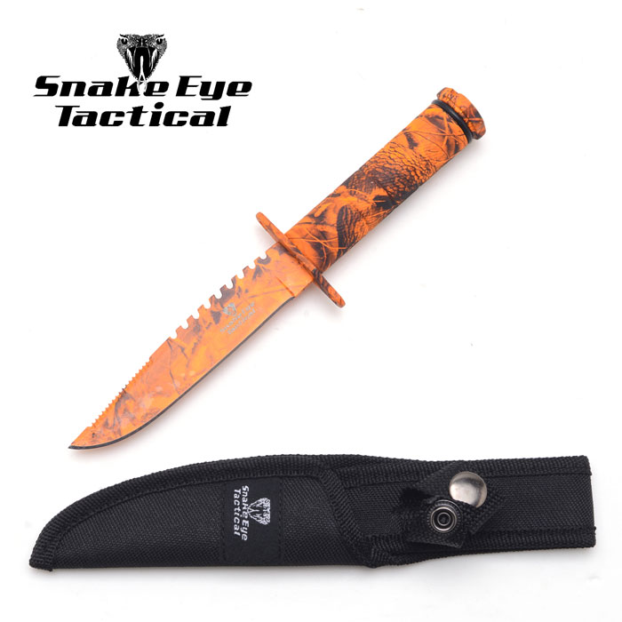 Snake Eye SURVIVAL KNIFE with Nylon Case 8.5'' Orange Lava Camo