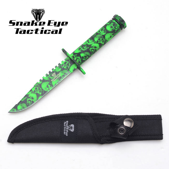 Snake Eye Survival KNIFE. Saw back Green Skull Camo