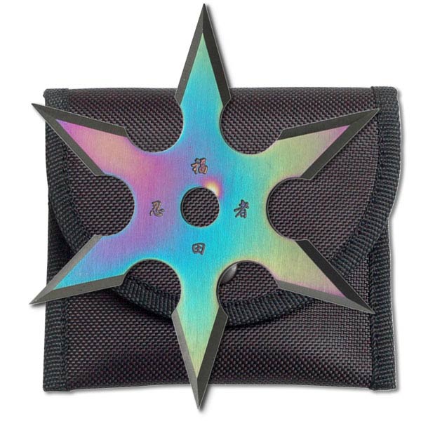 6-Point Rainbow Titanium Coated Throwing Star with Pouch - 4''