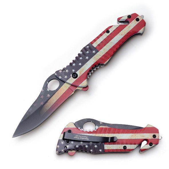 Snake Eye Tactical Worn FLAG Rescue Style Spring Assist Knife