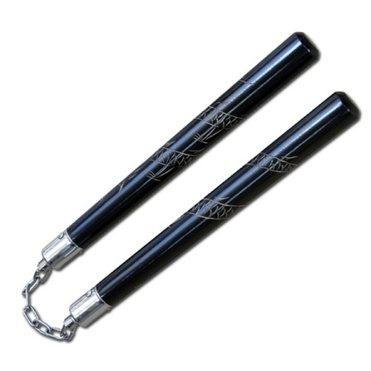 12'' Wood NUNCHAKU with Black Finish and Carved Dragon Design