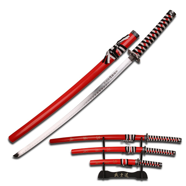 3 Pcs Dragon Samurai Katana Sword Set - Black & White