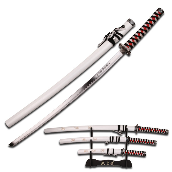 3 Pcs Dragon Samurai Katana Sword Set - Black and White