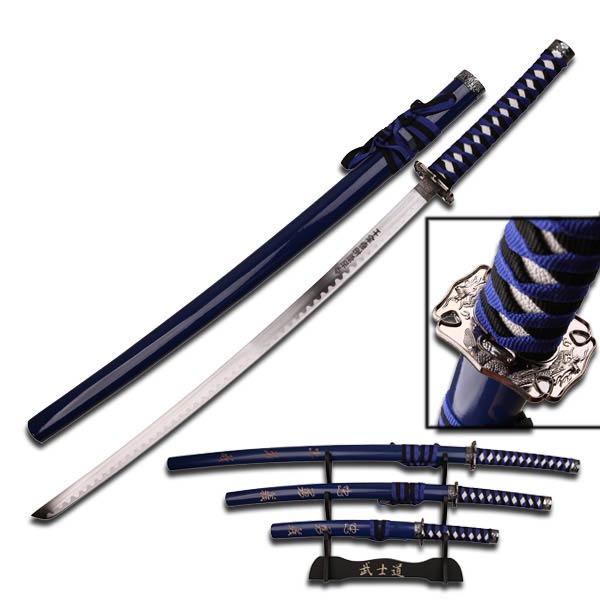 3 Pcs Dragon Samurai Katana Sword Set - Blue and Black