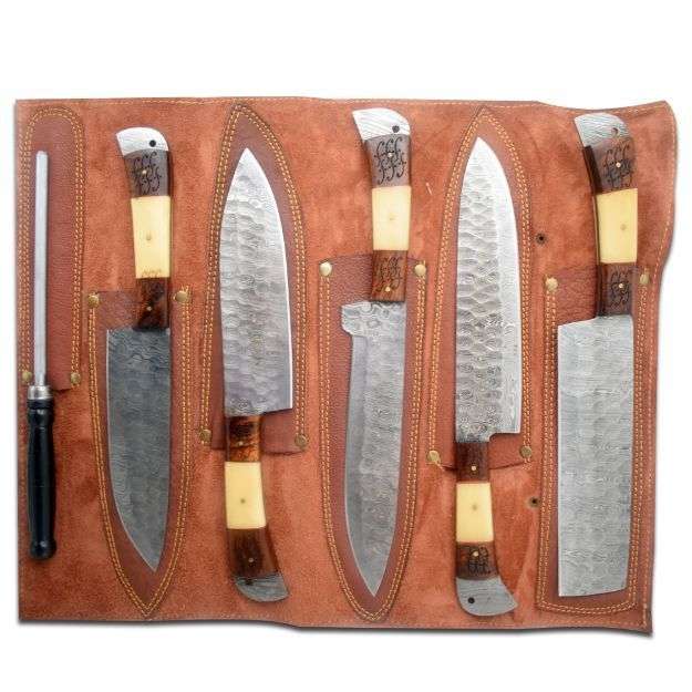 Professional Kitchen Knives Custom Made Damascus Steel 5 Pcs Set