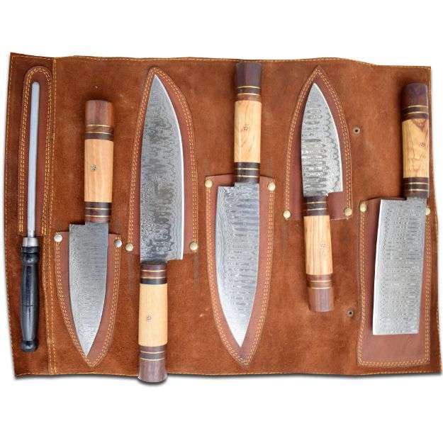 Professional Kitchen KNIVES Custom Made Damascus Steel 5 Pcs Set