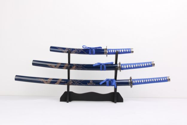 3 Pcs Samurai Sword Set - Blue Carved Dragon on Scabbard
