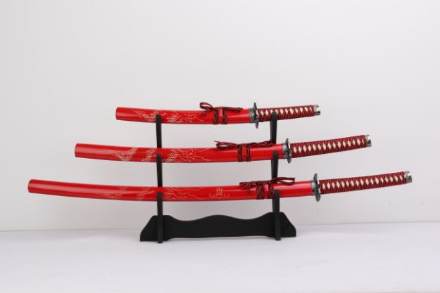 3 Pcs Red DRAGON Samurai Sword Set W/ Stand