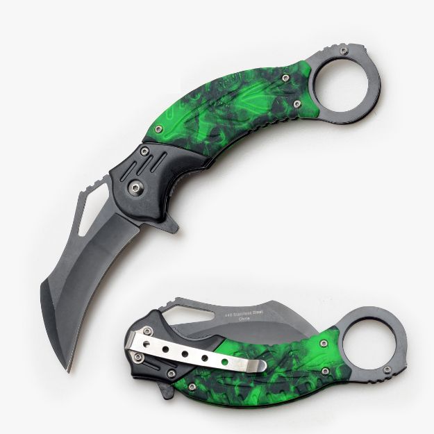 Karambit Style Spring Assist KNIFE 5'' Closed Green Skull Handle