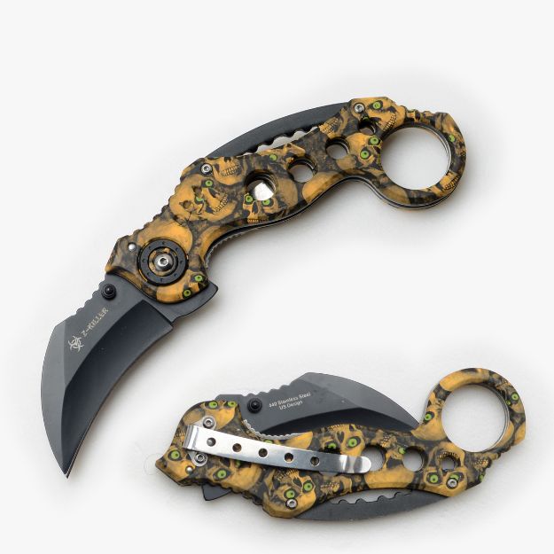 '' Z Killer '' SKULL Karambit Tactical Spring Assist Knife 5'' Close