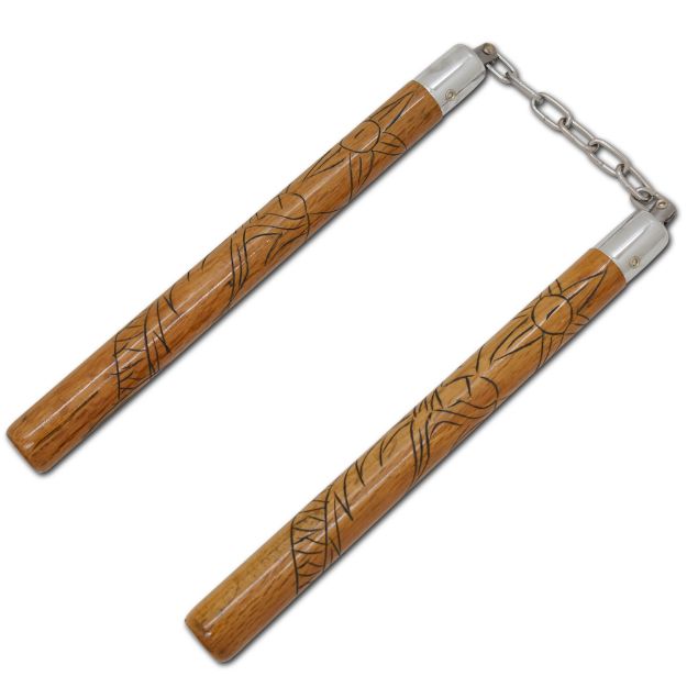 12'' Lacquered Wood Nunchaku with Carved Dragon Design