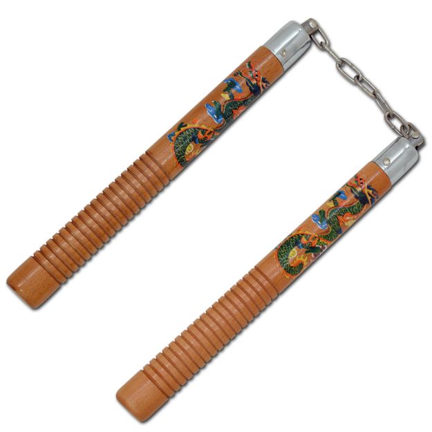 12'' Natural Wood NUNCHAKU with Dragon Graphics