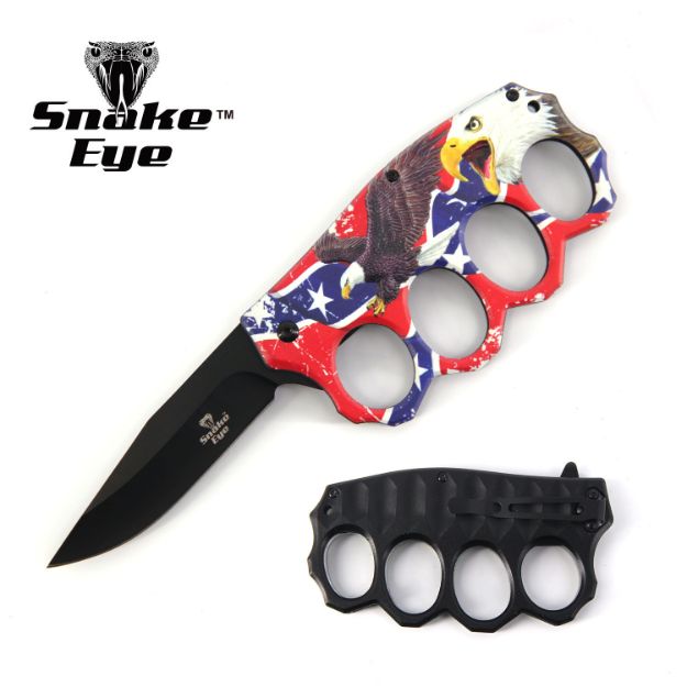 Action Assisted Knuckle Knife 4.5'' EAGLE Printed Handle with Clip