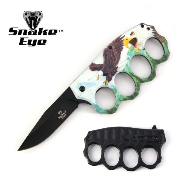 Action Assisted Knuckle Knife 4.5'' Eagle Printed Handle with Clip