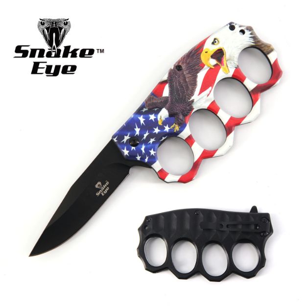 Action Assisted Knuckle KNIFE 4.5'' Eagle Printed Handle with Clip