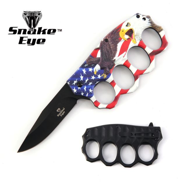 Action Assisted Knuckle Knife 4.5'' EAGLE Printed Handle with Clip