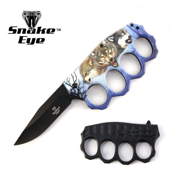 Action Assisted Knuckle KNIFE 4.5'' WOLF Printed Handle with Clip