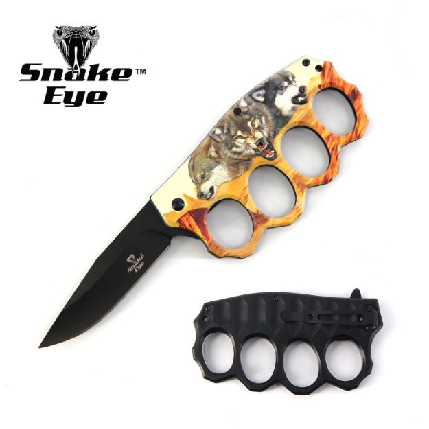 Action Assisted Knuckle KNIFE 4.5'' WOLF Printed Handle with Clip