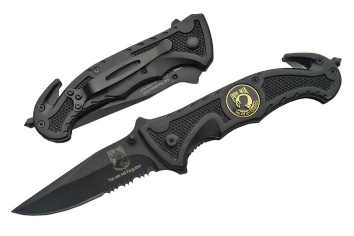 '' P.O.W '' Rescue Style Action Assist Knife 4.5'' Black