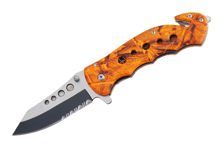 Rescue Style Spring Assist Knife 4.5'' Closed W/Clip Orange Camo