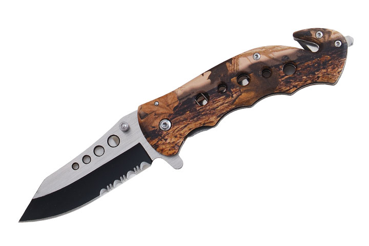 Rescue Style Spring Assist Knife 4.5'' Closed with Clip Brown Camo