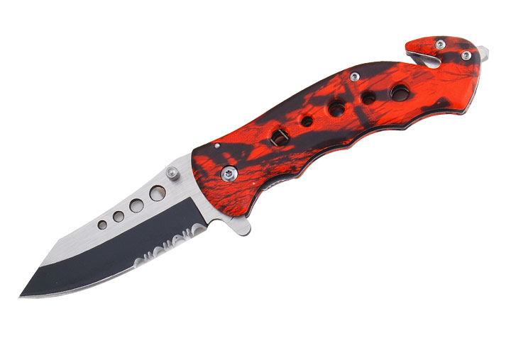 Rescue Style Spring Assist Knife 4.5'' Closed with Clip Red Camo