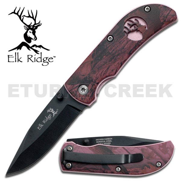 Elk Ridge POCKET KNIFE - Pink with Purple Camo Handle 3''