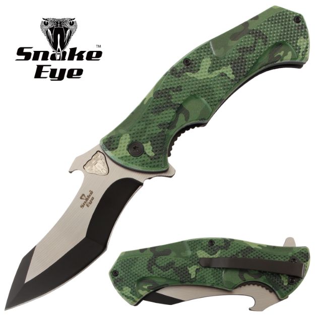 Snake Eye Tactical Spring Assist knife Green Camo Handle