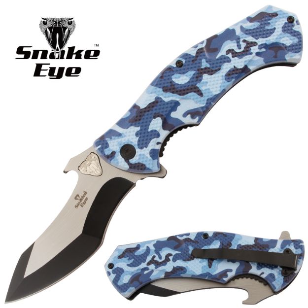 Snake Eye Tactical Spring Assist KNIFE Blue Camo Handle