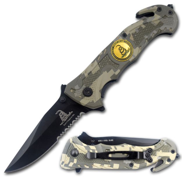 '' Don't Tread On Me '' Rescue Style Assist Knife 4.5'' Closed Camo