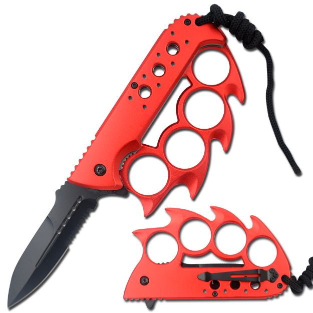 RED KNUCKLE HANDLE SPRING ASSISTED KNIFE WITH LANYARD