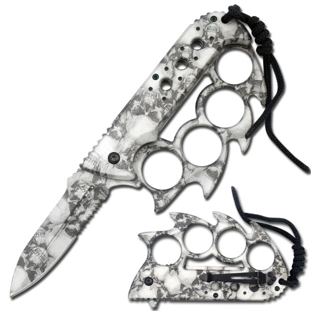 Skull CAMO Coated Knuckle Knife Spring Assist 5'' Closed Grey