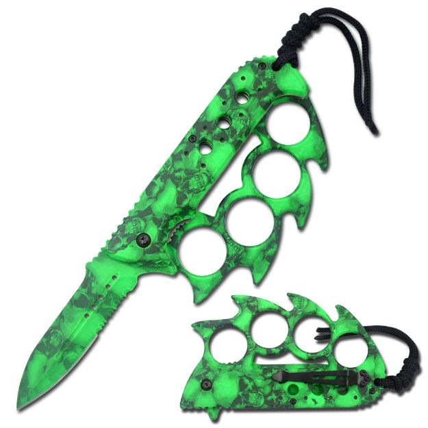 Skull CAMO Coated Knuckle Knife Spring Assist 5'' Closed Green