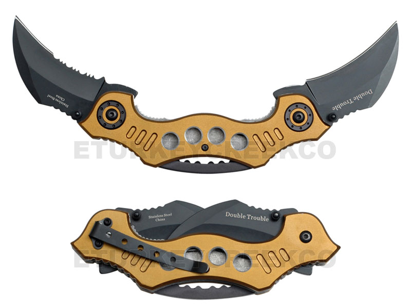 Double Trouble Karambit Spring Assist Knife 4.5'' Closed Gold