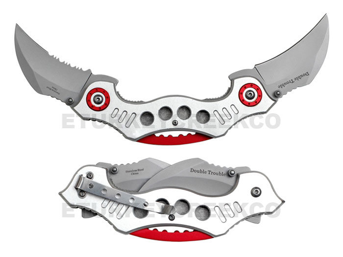 Double Trouble Karambit Spring Assist KNIFE 4.5'' Closed Silver