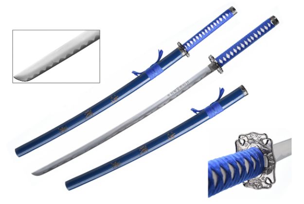 Dragon Samurai Katana Sword - Blue and Black Cord Wrapped Handle