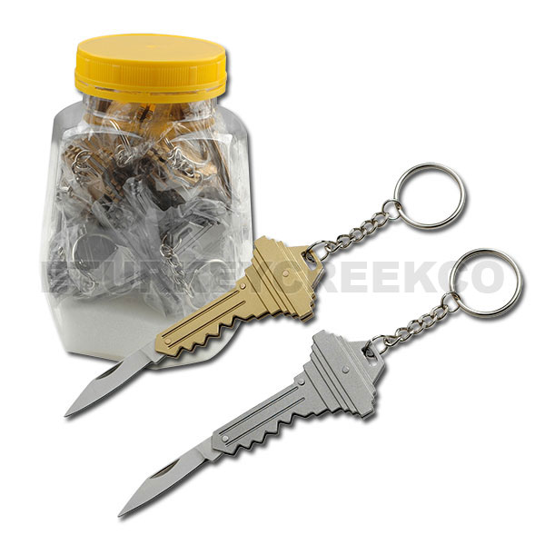 24pc Key Shape Knife Key Chain Sil/Gld 2.5'' Closed