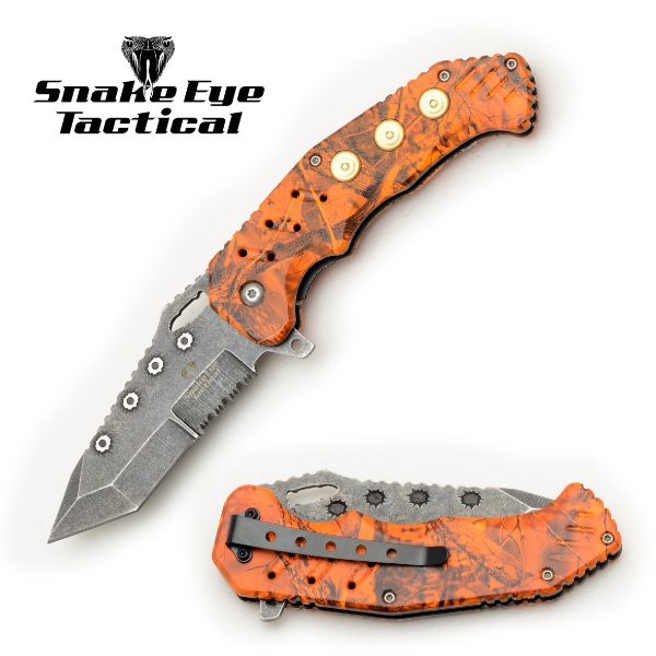 Snake Eye Tactical Orange Camo Spring Assist knife