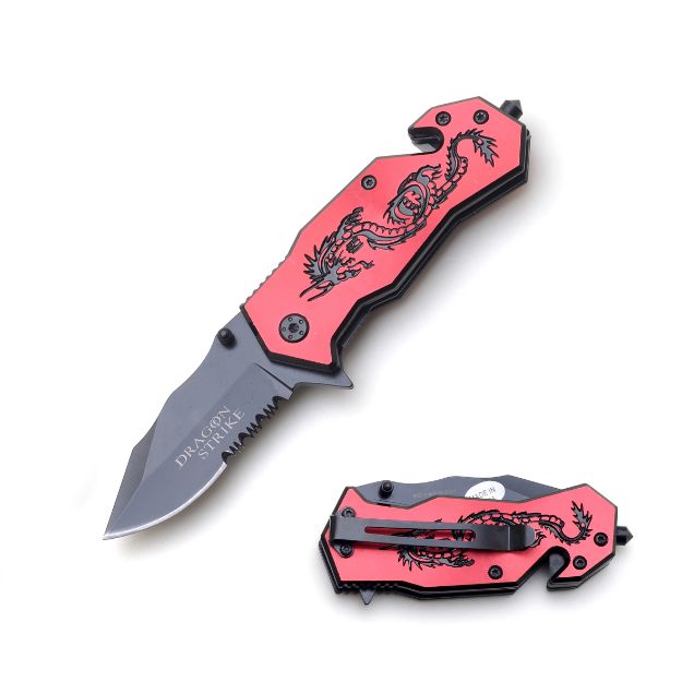 ''Dragon Strike'' RED Black Spring Assist Rescue Style knife