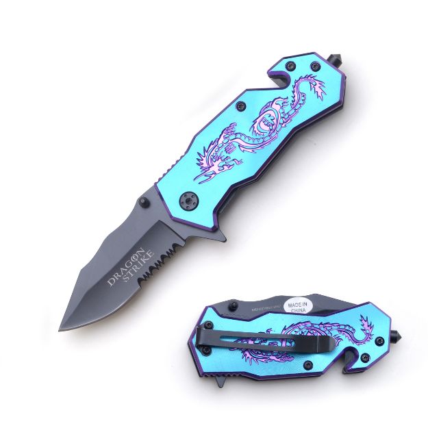 ''Dragon Strike'' Blue Spring Assist Rescue Style knife