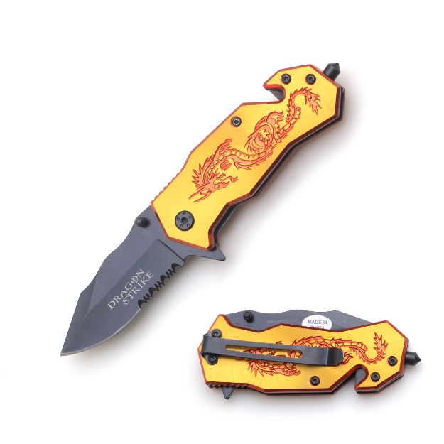 ''Dragon Strike'' Yellow Spring Assist Rescue Style knife
