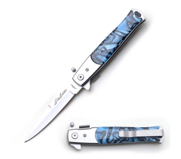 Snake Eye Tactical Stiletto Style Blue Folding Knife