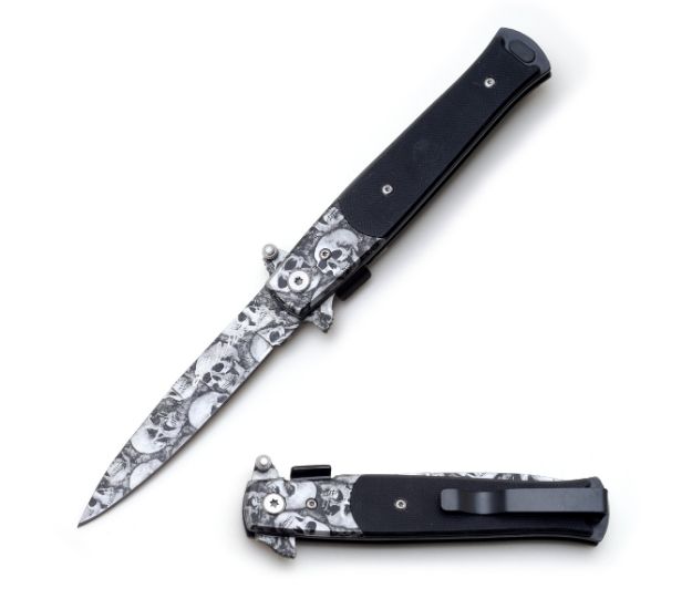 Snake Eye Tactical Stiletto Style Grey Skull Camo Folding Knife