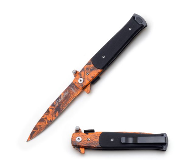 Snake Eye Tactical Stiletto Style Orange Camo Folding Knife