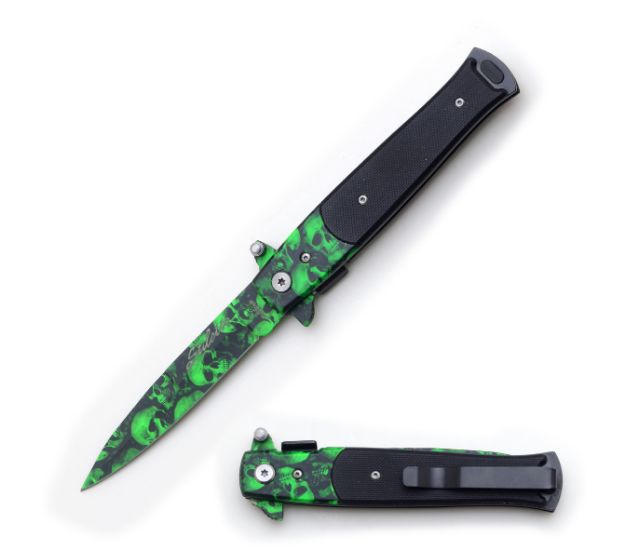 Snake Eye Tactical Stiletto Style Green Skull Camo Folding Knife