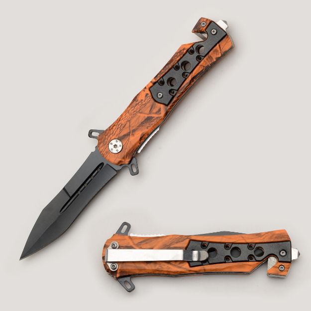 Orange Camo Rescue Style Spring Assist Knife