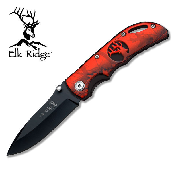 3.5'' FOLDING KNIFE WITH ELK CUTOUT LOGO ON RED CAMO HANDLE