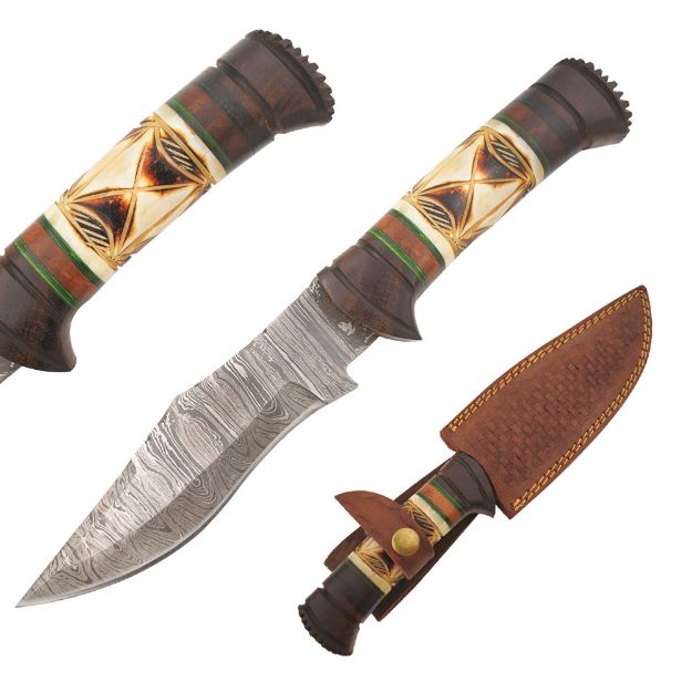 Old Ram Handmade Custom Damascus Hunting Knife Bone & Wood Handle